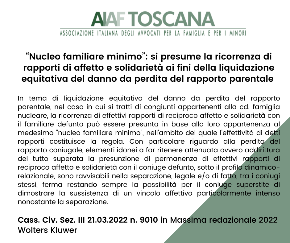 “Nucleo familiare minimo”: si presume la ricorrenza di rapporti di affetto e solidarietà ai fini della liquidazione equitativa del danno da perdita del rapporto parentale 